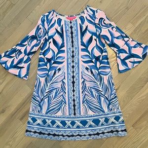 NWT Lilly Pulitzer Shift Dress Blue Palm Print with Bell Sleeves